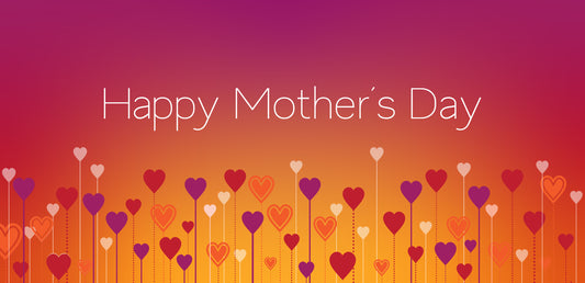 Happy MOther's Day image with simple flowers on a purple, red and orange blended image. 