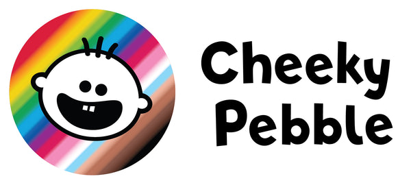 Cheeky Pebble PRIDE logo. Cheeky face on rainbow, trans and skin tones gradient background