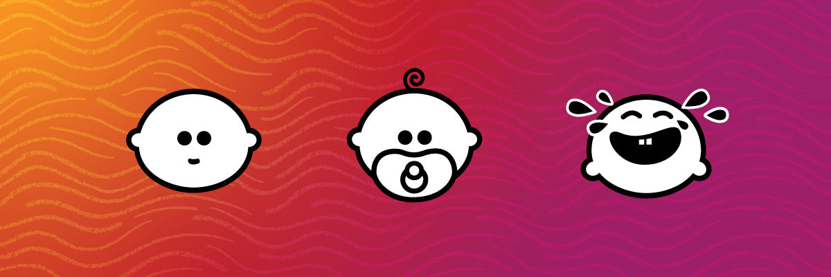 Collection of 3 Cheeky Pebble baby illustrations from newborn into laughing baby.