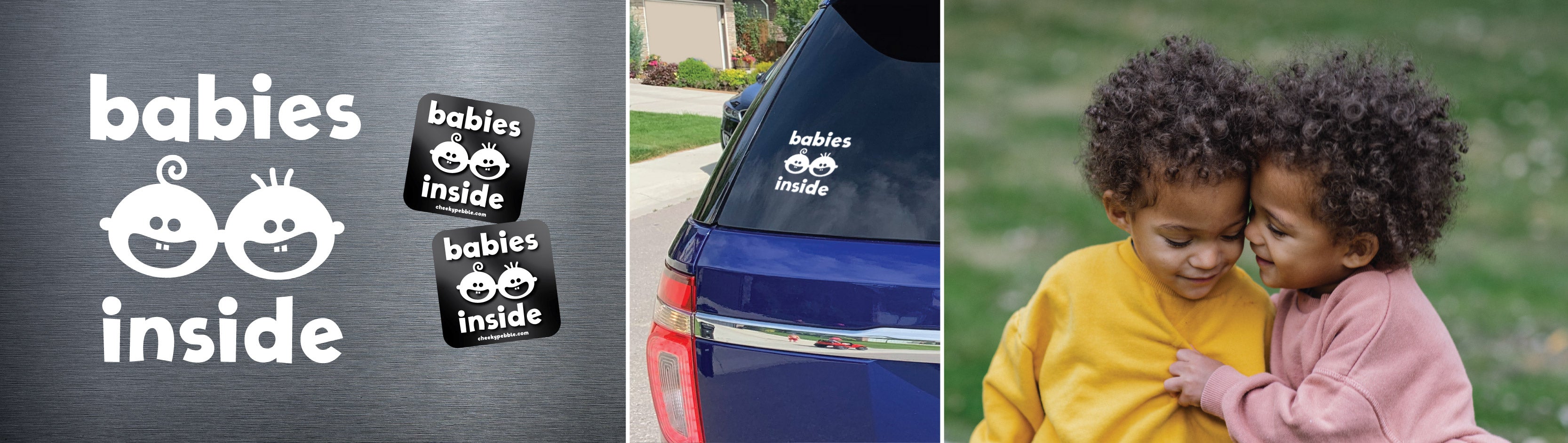Babies inside! Perfect for twins or multiple young children! Slide banner collage showing twin boys, an illustration of the babies inside decal with matching 2 side stickers plus a real life photo of the babies inside decal on a vehicle.