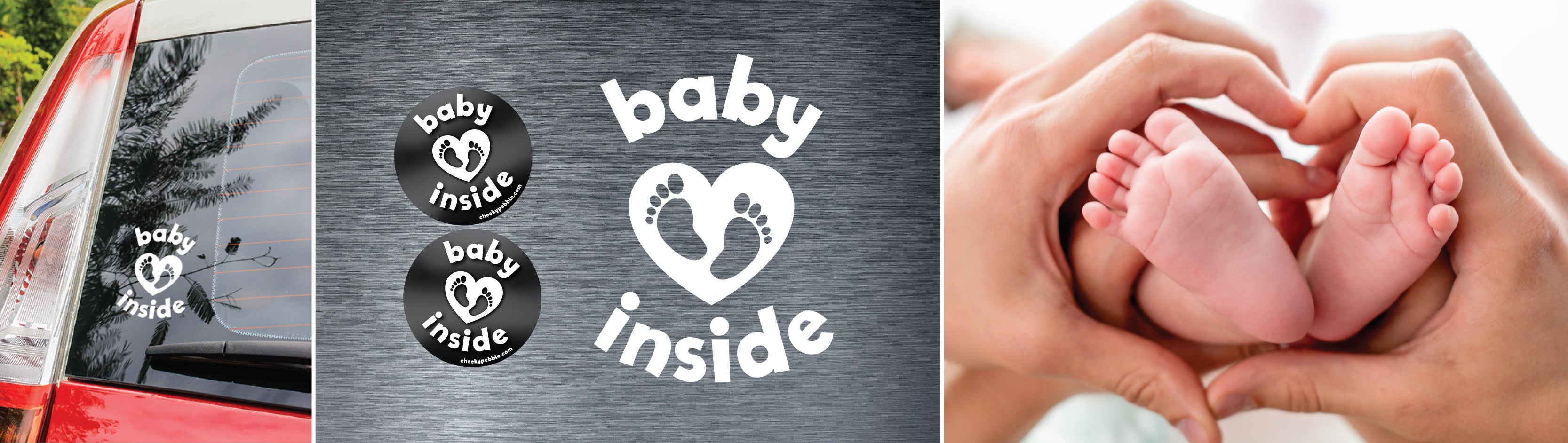 Tiny toes are inside this vehicle! Slide banner collage showing baby toes, an illustration of the Tiny Toes decal and matching 2 side stickers plus a real life photo of the Tiny Toes decal on a vehicle.