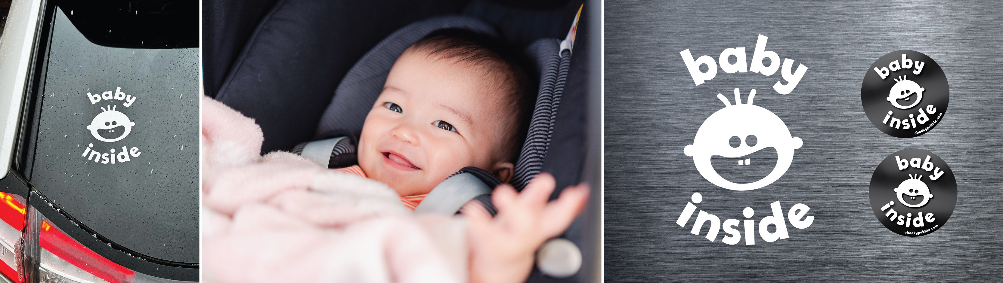 Baby Inside Cheeky Pebble decal! Slide banner collage showing a cute baby in a carseat, an illustration of the Baby Inside decal with matching 2 side stickers, plus a real life photo of the Baby Inside Cheeky Pebble decal on a vehicle.
