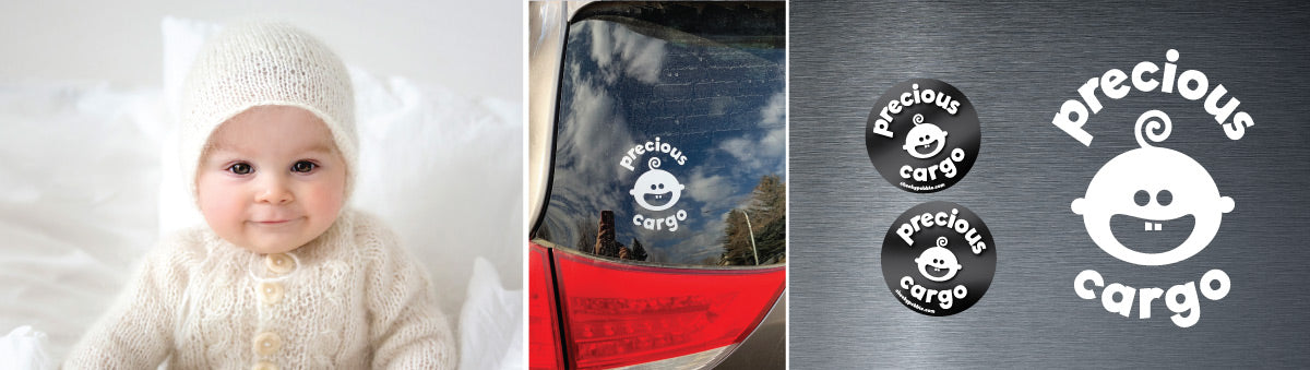Precious cargo is on board! Slide banner collage showing a super cute little baby, an illustration of the precious cargo decal and matching 2 side stickers, plus a real life photo of the precious cargo decal on a vehicle.