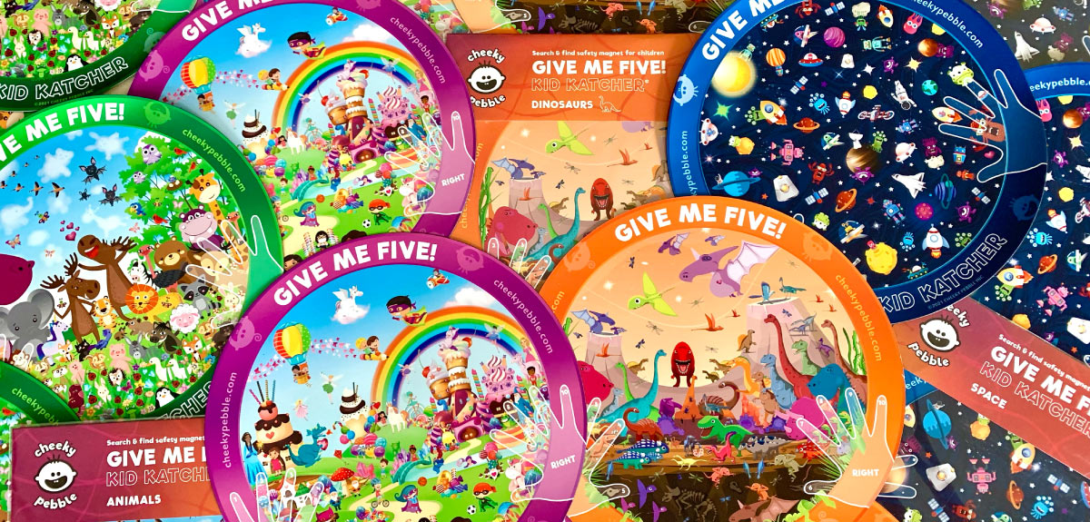 Collection of Cheeky Pebble's 4 Kid Katcher toddler safety vehicle magnet designs. Designs include Dinosaurs, Space, Animals and Candy & Castles.