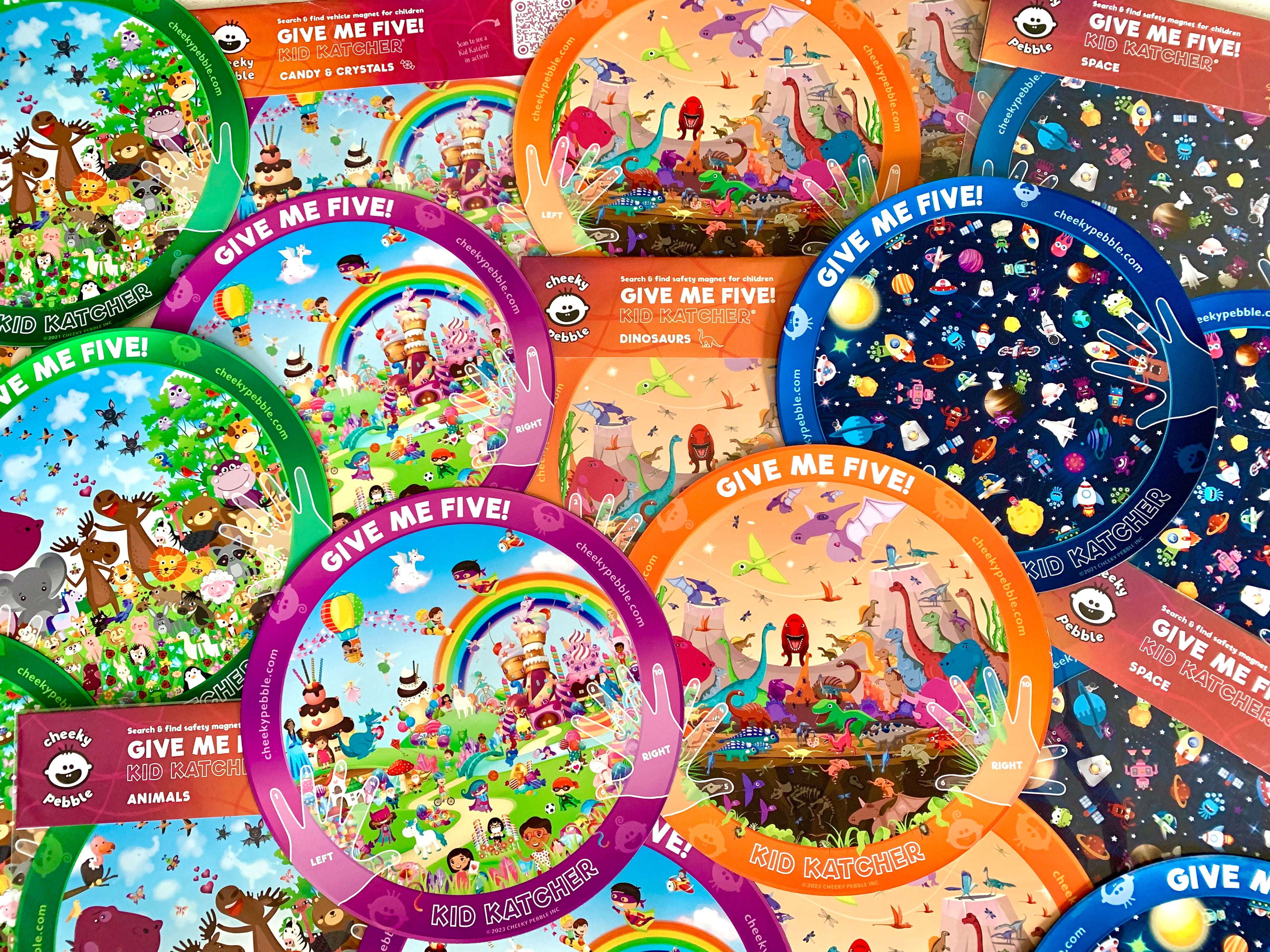 Collage of 4 Kid Katcher magnets: Animals, Dinosaurs, Space, and Candy & Castles. Only by Cheeky Pebble.