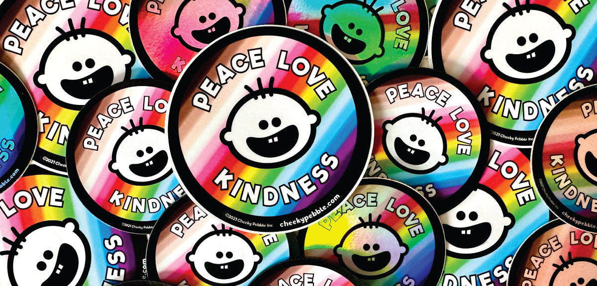 Collection of Cheeky Pebble's Peace Love Kindness stickers and magnet.