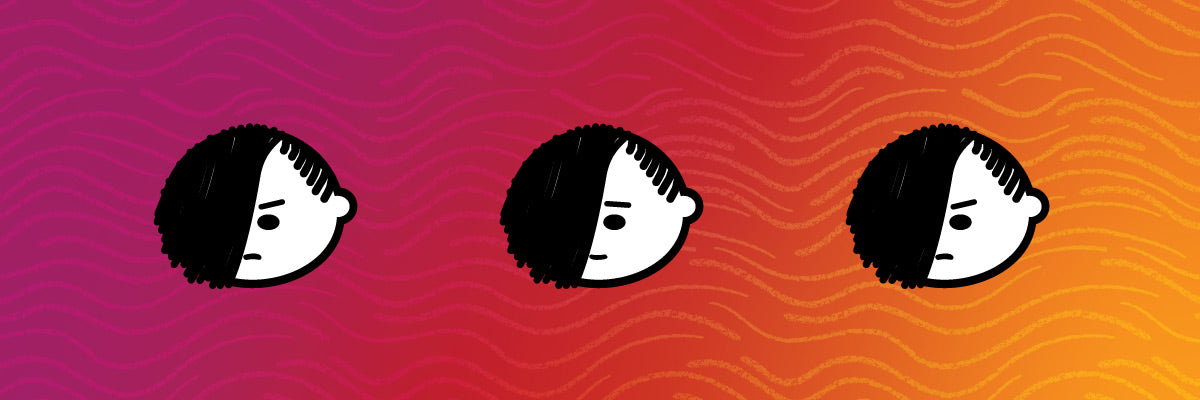 Collection of 3 Cheeky Pebble teenager illustrations with hair hanging over half of the face - starting at grumpy to slightly less grumpy face back to grumpy.