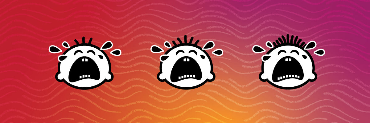 Collection of 3 Cheeky Pebble toddler illustrations, all crying but growing more teeth and hair from left to right.