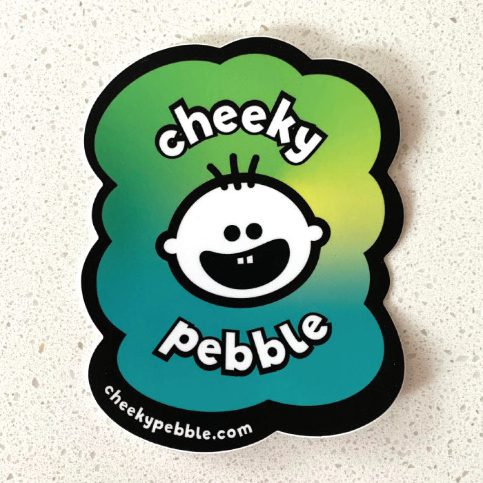 Cheeky Pebble Blue Bubble Sticker on white countertop.