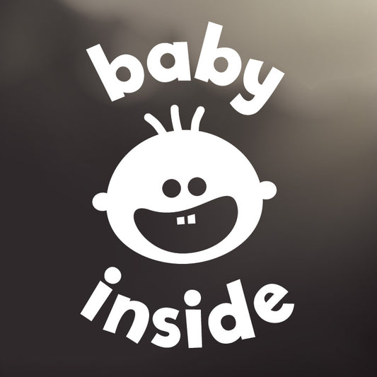 Large ‘Baby Inside’ white vinyl, back window decal by Cheeky Pebble with iconic Cheeky Pebble face. Designed for placement on dark, tinted vehicle windows.