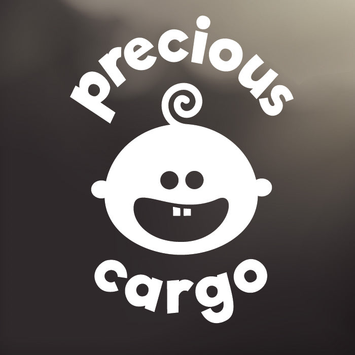 Large ‘Precious Cargo’ white vinyl, back window decal by Cheeky Pebble with Curly Cue face. Designed for placement on dark, tinted vehicle windows.