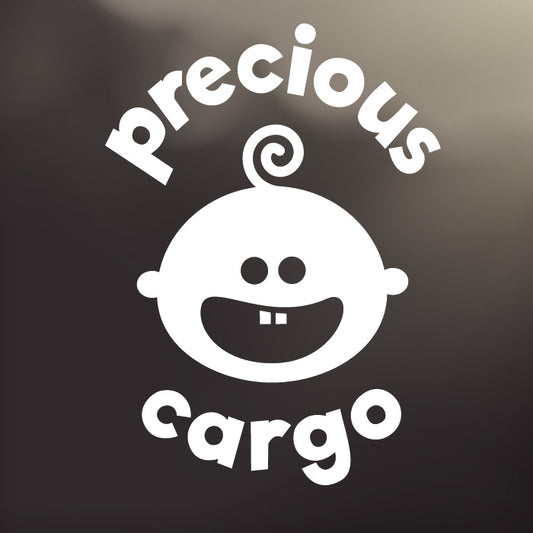 Large ‘Precious Cargo’ white vinyl, back window decal by Cheeky Pebble with Curly Cue face. Designed for placement on dark, tinted vehicle windows.