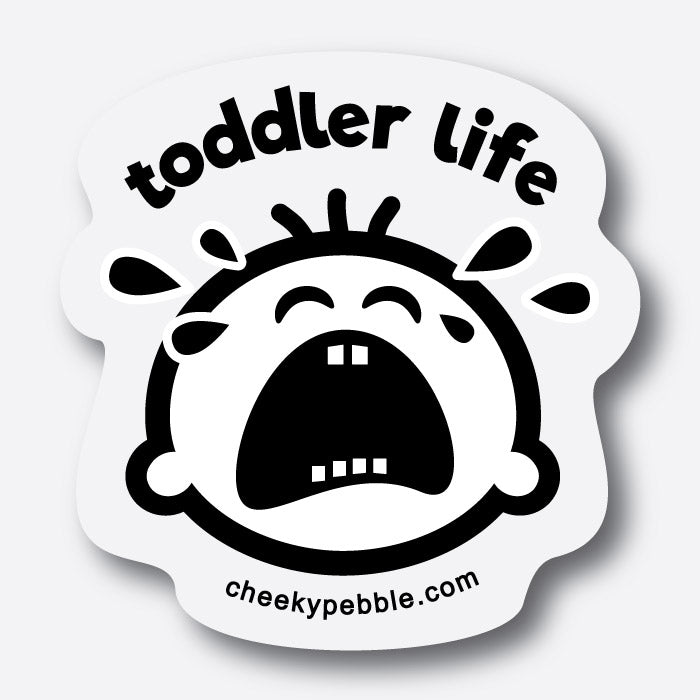 Toddler Life Clear Sticker by Cheeky Pebble. Our Cheeky crying toddler face is a clear sticker with solid white background behind the face and tears.