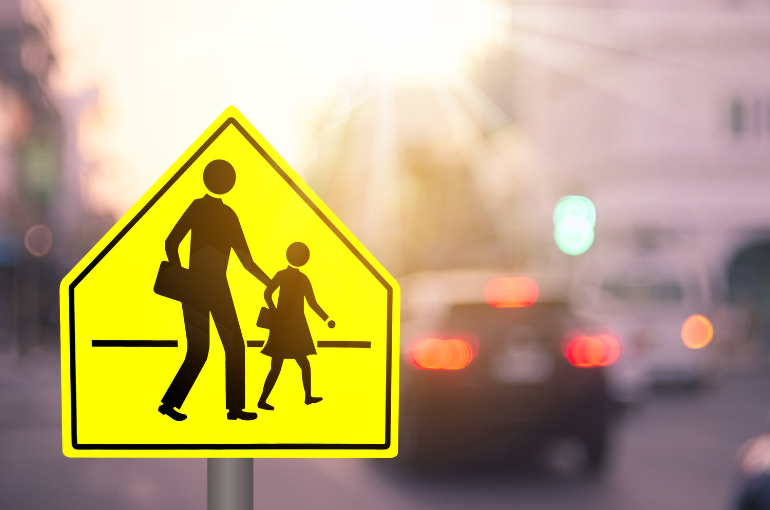 Street crossing sign with adult and child. Used to identify Cheeky Pebble's safety collection