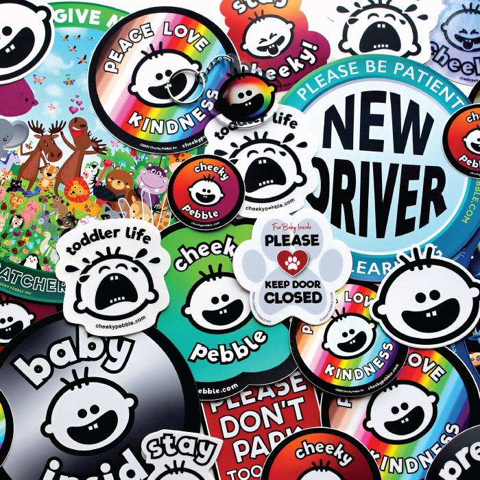 Collection of all of Cheeky Pebble's products including New Driver magnets, Kid KAtcher Toddler safety vehicle magnets, baby inside decals and more.