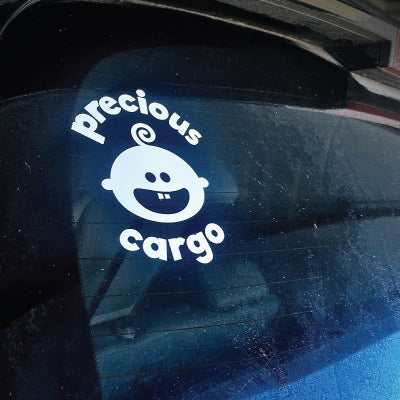 Precious cargo decal shown on a back window. Only by Cheeky Pebble.