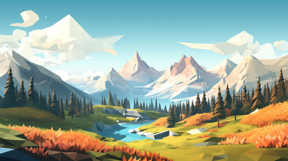 Colourful poly illustration of mountains with a river flowing out of them.