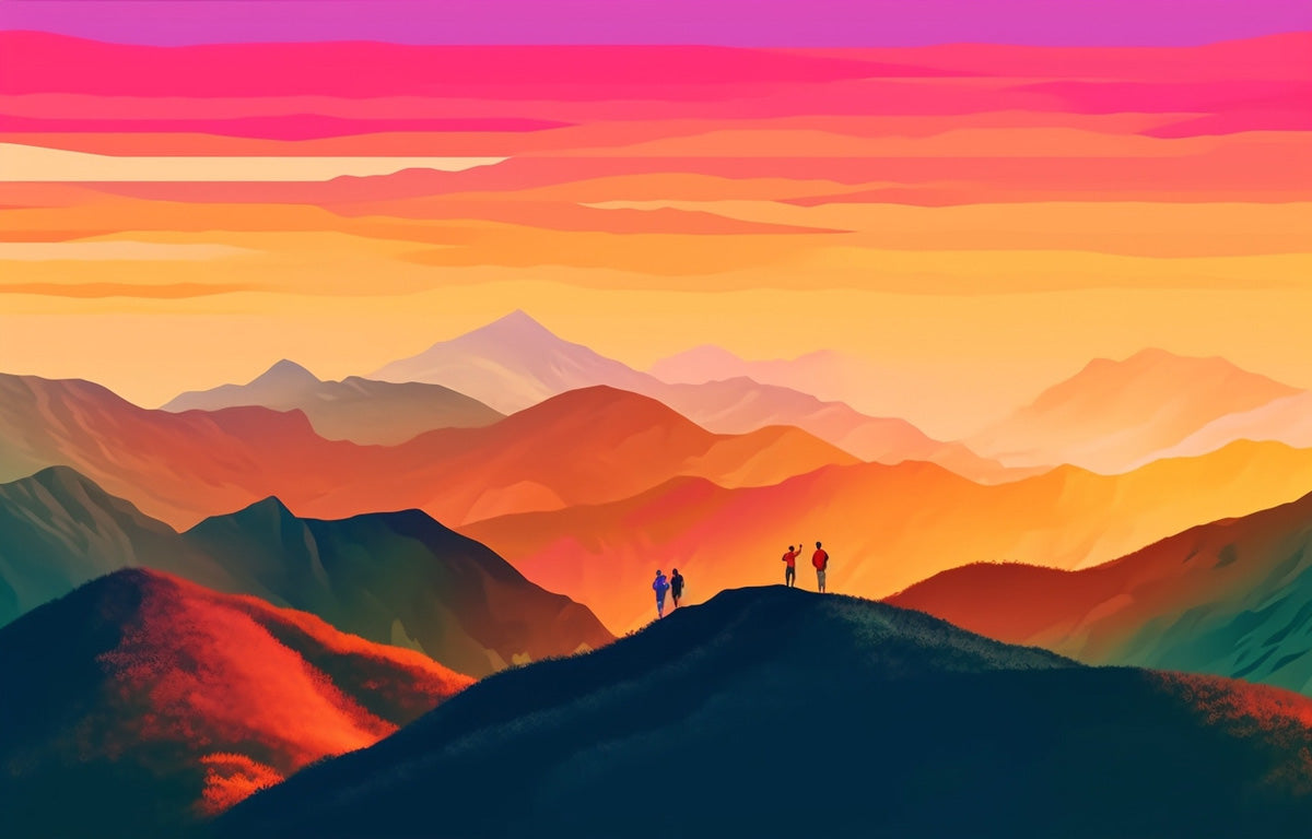 Beautiful, colourful sunset illustration of some hikers in the mountains