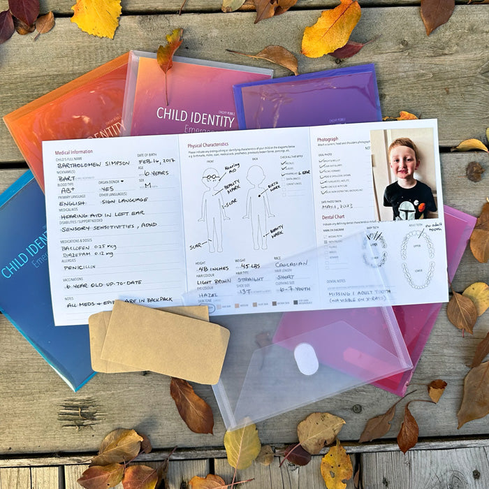 Child Identity kit with booklet open showing the sections to be filled out by parents (Name, medical concerns, physical descriptions, etc.). Also shows small envelopes for DNA collection and plastic sleeve to contain everything.