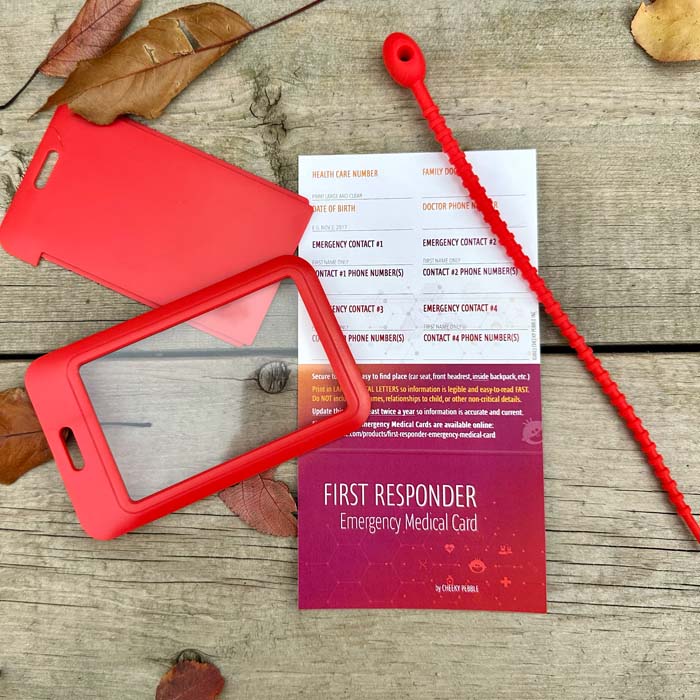 First Responder Emergency Card contains Pertinent medical information for First Responders including: Crucial details for life sustaining medical assistance, Special needs or disabilities, Allergies, medications, Emergency contacts and physicians/specialists. Created and designed by Cheeky Pebble