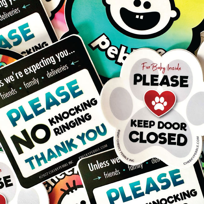 Pair our No Knocking Door sticker with our 'Keep Door Closed' Pet sticker and avoid the crazy 'Front-door-visitors-pet-extravaganza Show'! Both stickers by Cheeky Pebble.