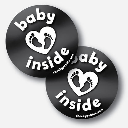 Decal sets by Cheeky Pebble come with two side stickers (Baby Inside Tiny Toes as shown) as well as the back large decal so drivers on three sides of your vehicle are alerted.