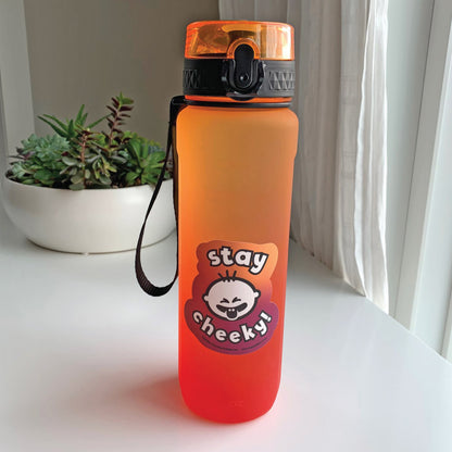 Stay Cheeky Sticker by Cheeky Pebble in colour on an orange gradient water bottle.