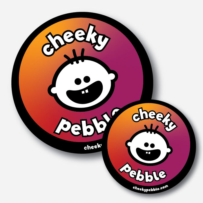 Cheeky Pebble Iconic Pink Round Sticker in two sizes: 2x2 and 3x3 inches.