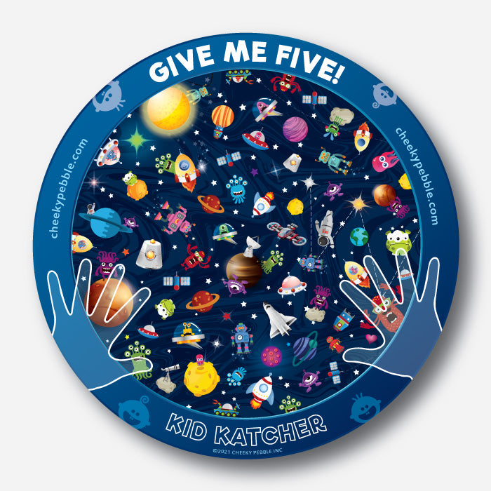 Give Me Five Kid Katcher Magnet Space Design by Cheeky Pebble. Kid Katchers are a fun and simple way to keep kids entertained and stationary in parking lots while you do what you need to at your vehicle!