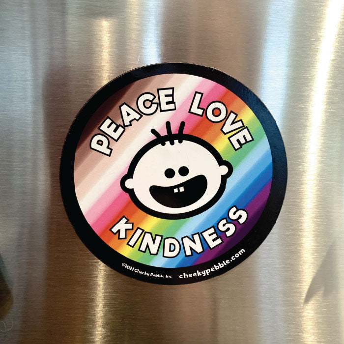 Peace Love Kindness 3x3 inch magnet by Cheeky Pebble on a stainless steel fridge.