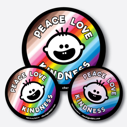 Peace Love Kindness stickers and magnet by Cheeky Pebble with iconic face on inclusive rainbow background. Comes in three variations: 4x4 inch sticker, 3x3 inch holographic sticker and 3x3 inch magnet.