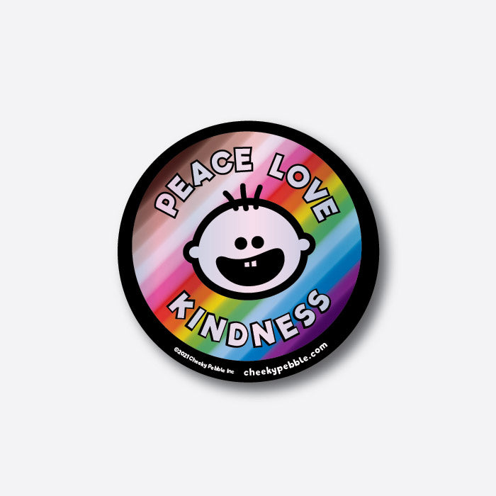 Peace Love Kindness 3x3 inch holographic sticker by Cheeky Pebble with iconic face on inclusive rainbow background.