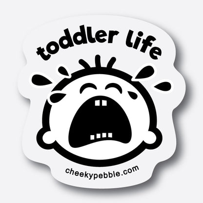 Toddler Life Clear Sticker by Cheeky Pebble. Our Cheeky crying toddler face is a clear sticker with solid white background behind the face and tears.